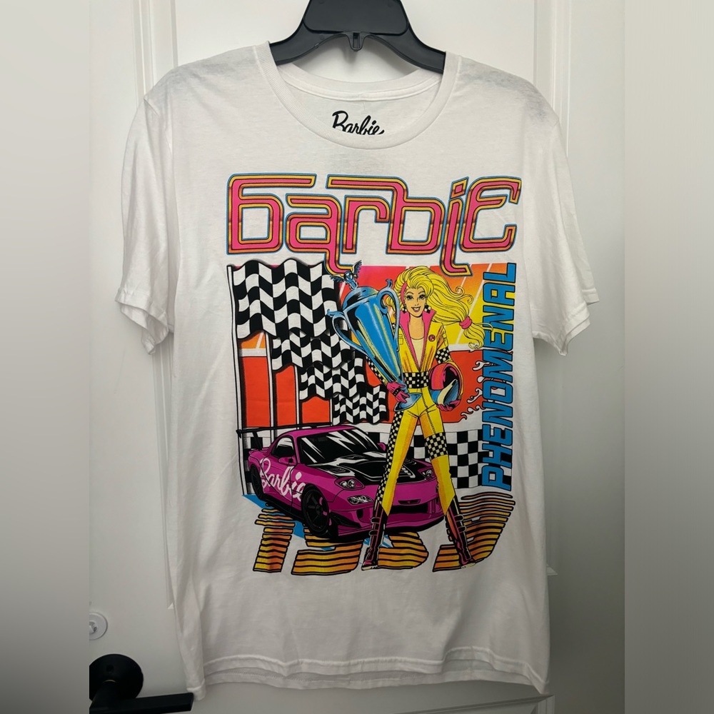 Barbie White Tee with Pink, Yellow, Blue, Black and Orange Graphic